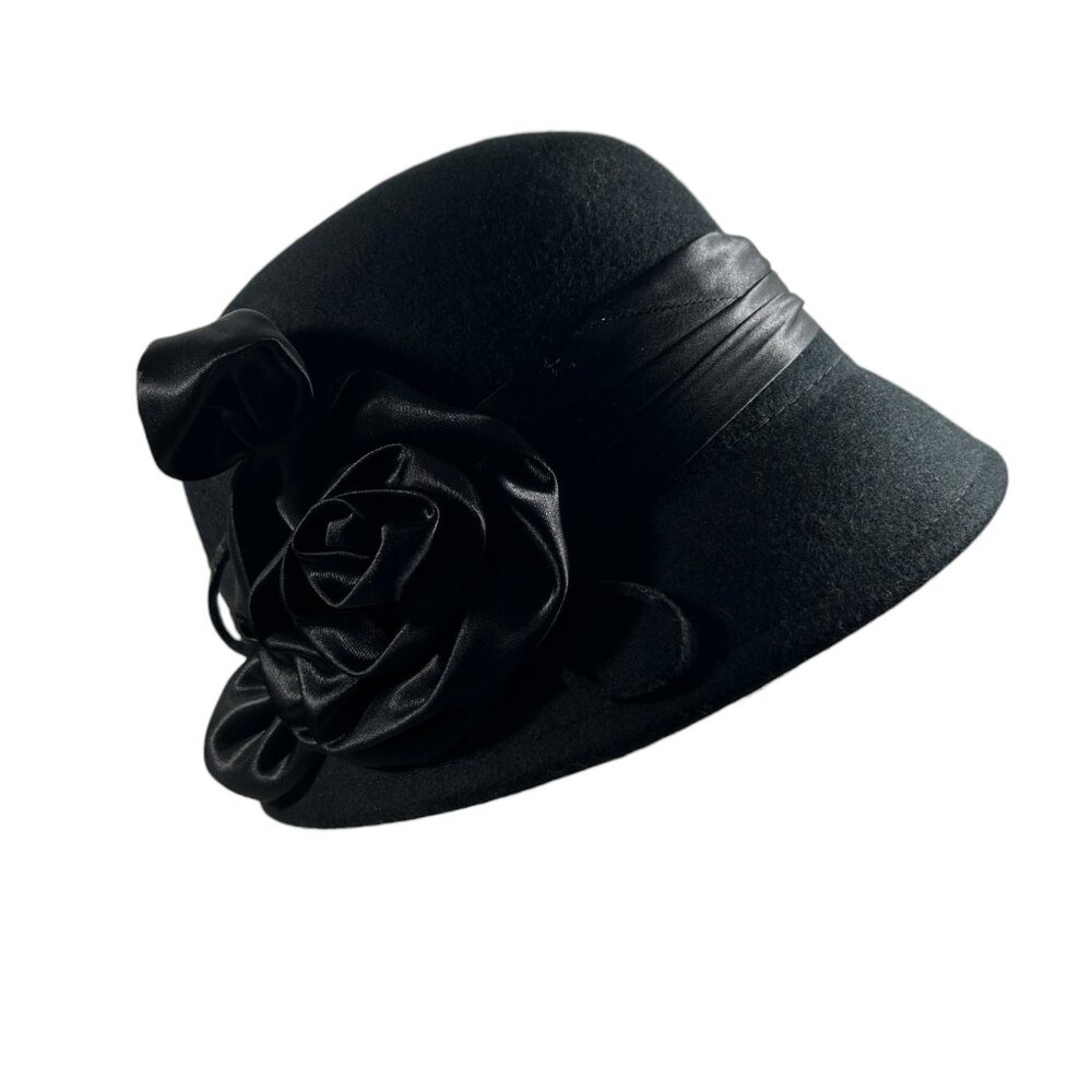Sakkas Black Wool Cloche Church Hat Satin Ribbon Flower Trim Downward Brim
